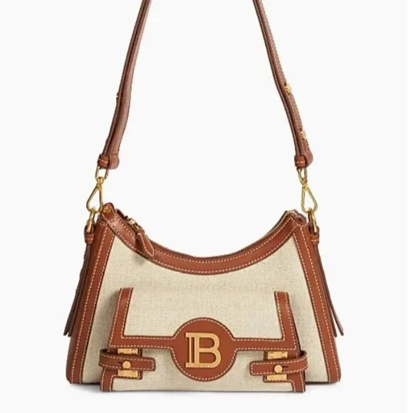 Balmain  B-Buzz Canvas & Leather Shoulder Bag Natural / Camel - Picture 5 of 14